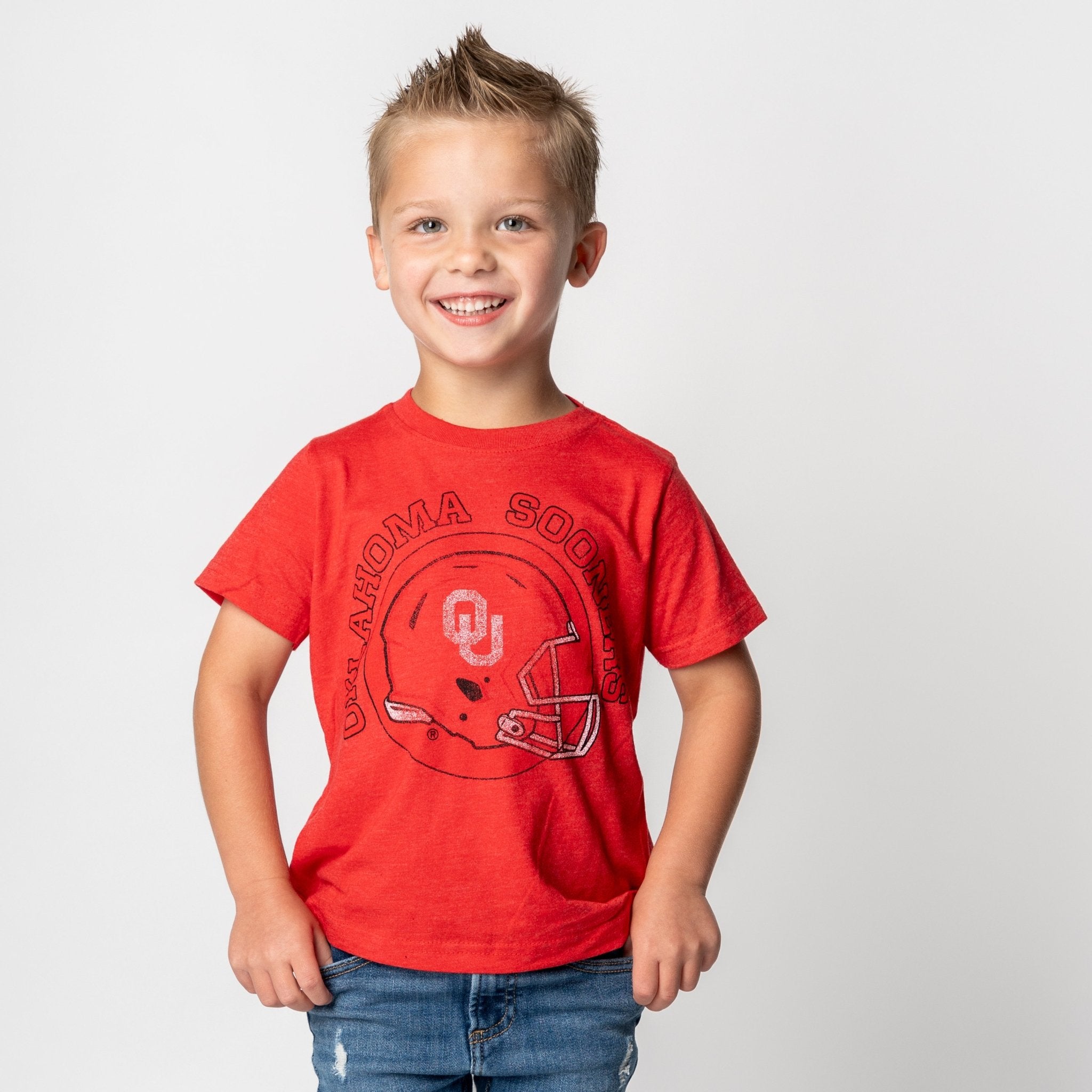 OU Kids OU helmet circle t-shirt red T-shirts | Lush Fashion Lounge Trendy Oklahoma University Sooners Apparel & Cute Gameday T-Shirts
