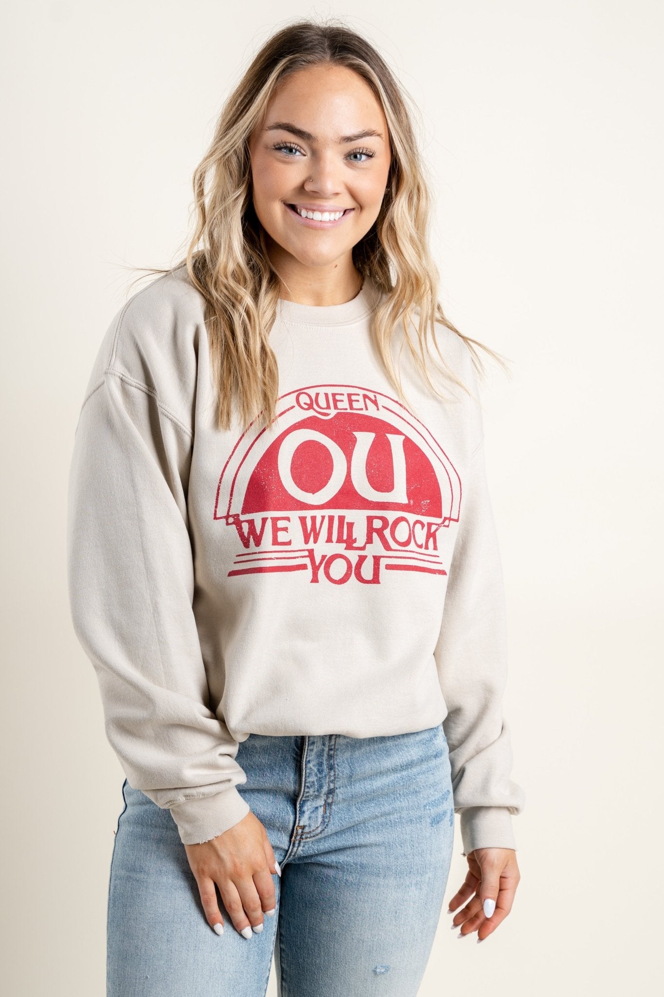 OU OU Queen we will rock you sweatshirt sand Sweatshirt | Lush Fashion Lounge Trendy Oklahoma University Sooners Apparel & Cute Gameday T-Shirts