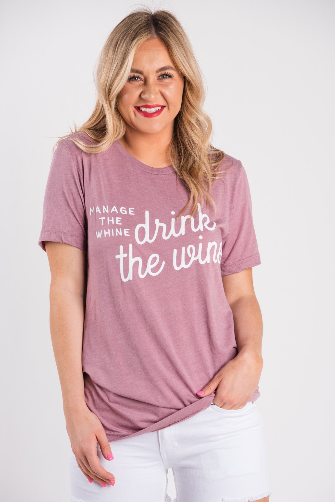 Manage the whine, drink the wine unisex short sleeve t-shirt orchid - Trendy T-shirts - Cute Graphic Tee Fashion at Lush Fashion Lounge Boutique in Oklahoma