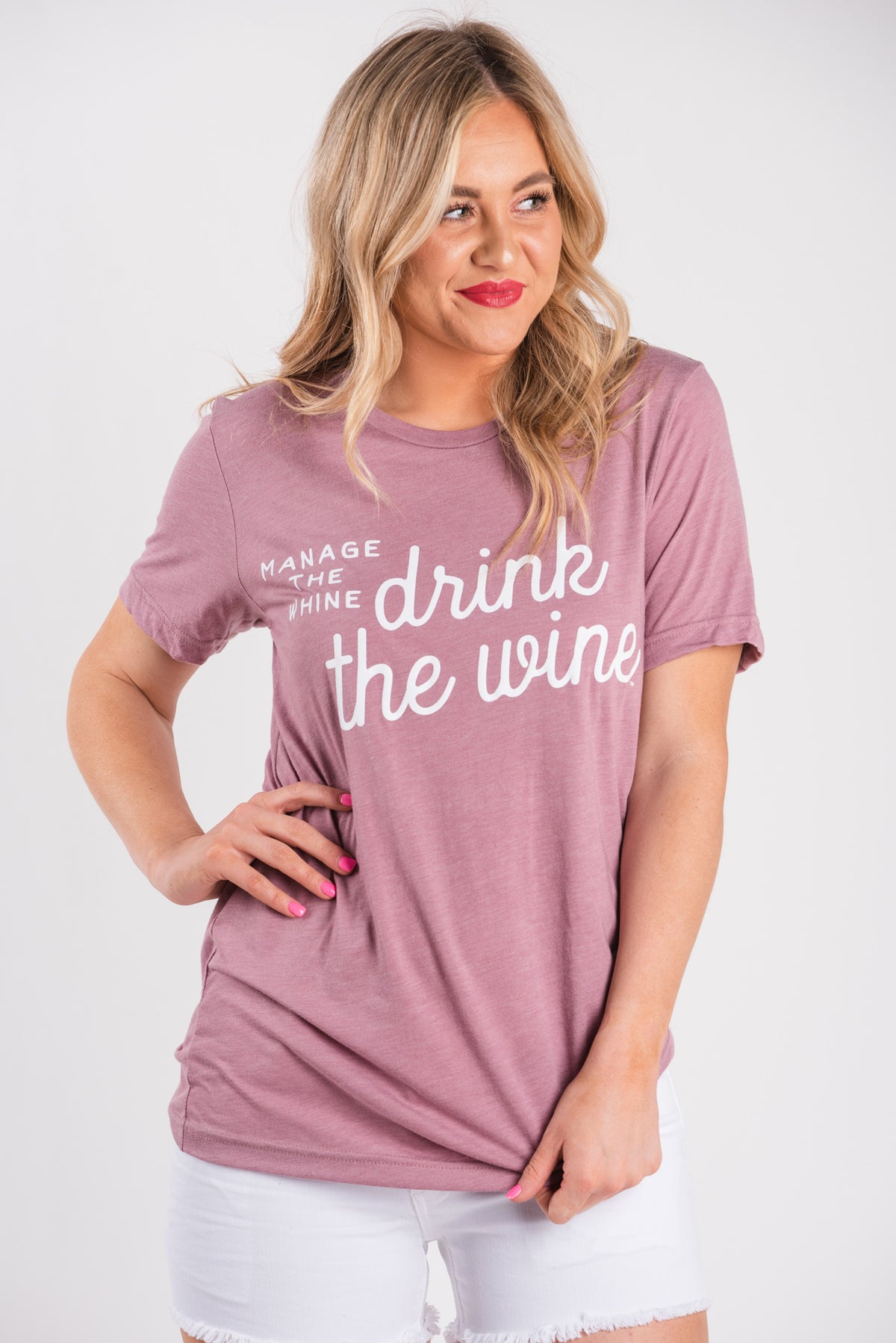 Manage the whine, drink the wine unisex short sleeve t-shirt orchid - Stylish T-shirts - Trendy Graphic T-Shirts and Tank Tops at Lush Fashion Lounge Boutique in Oklahoma City
