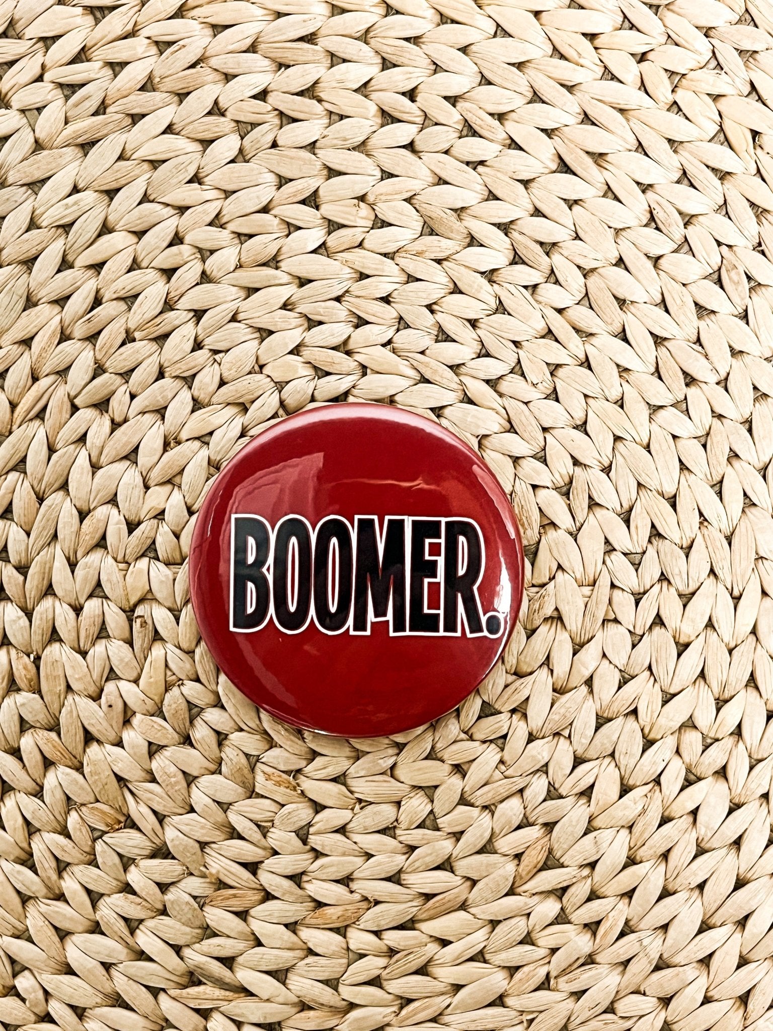 BOOMER. 2.25 inch game day button crimson