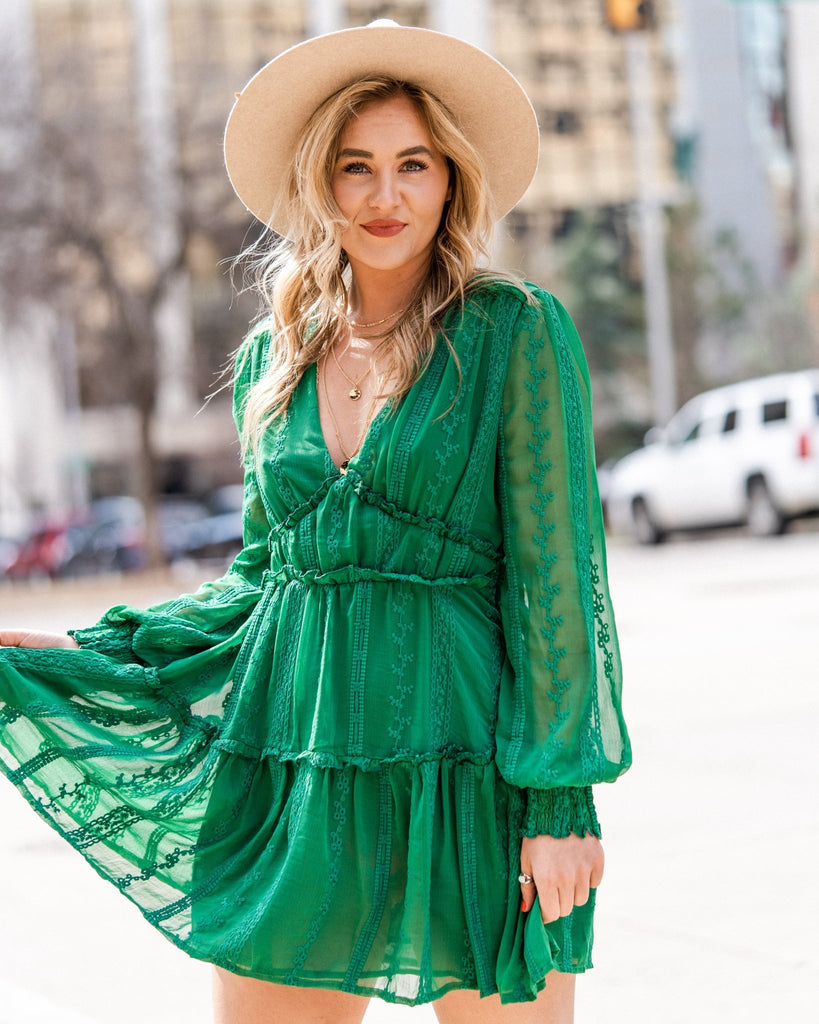 Lush Fashion Lounge women's boutique, Ruffle long sleeve dress, cute green dress, long sleeve green dress, ruffle dress in Oklahoma, St Patrick's Day outfit, Oklahoma clothing store, Oklahoma boutique
