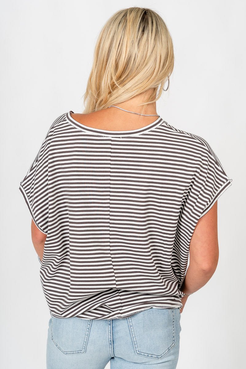 Boxy striped short sleeve top charcoal/white