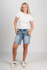 Vervet mid rise distressed shorts eminence - Stylish Shorts - Trendy Staycation Outfits at Lush Fashion Lounge Boutique in Oklahoma City