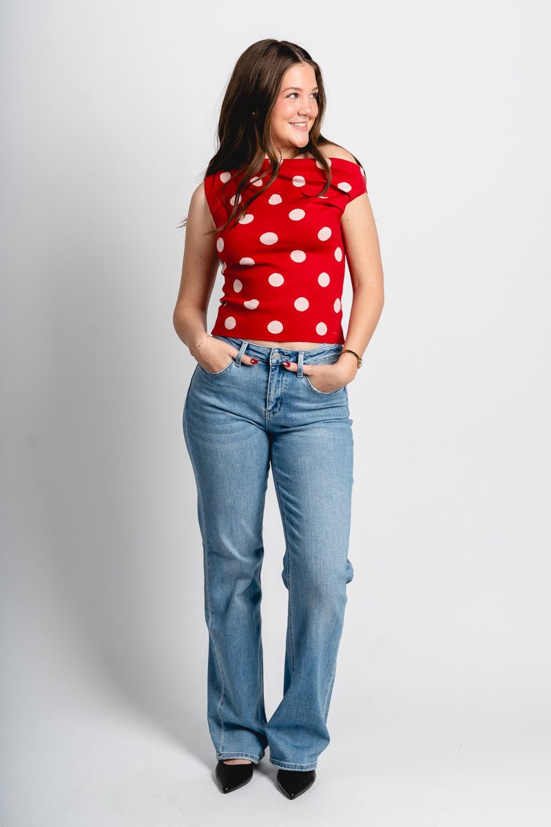 Asymmetrical polka dot sleeveless sweater red/pink - Cute Valentine's Day Outfits at Lush Fashion Lounge Boutique in Oklahoma City