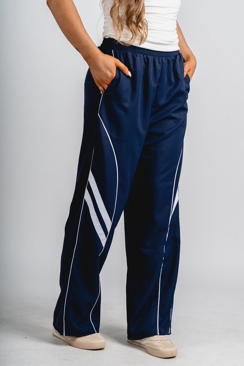 Wide leg track pants navy - Trendy OKC Apparel at Lush Fashion Lounge Boutique in Oklahoma City