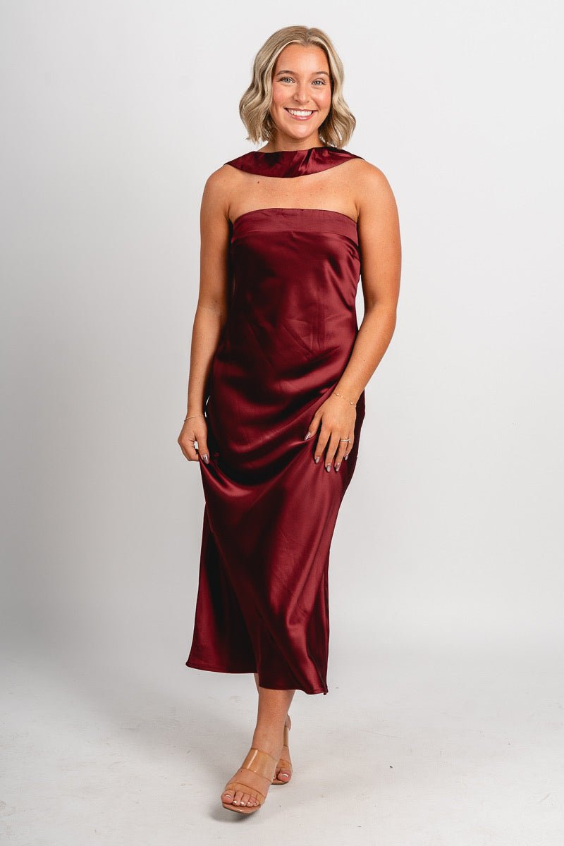 Scarf detail satin midi dress burgundy | Trendy Scarves - Lush Fashion Lounge Scarf detail satin midi dress burgundy | Trendy Scarves - Lush Fashion Lounge