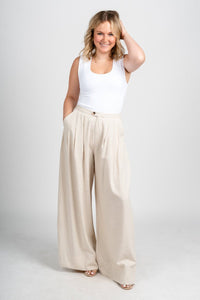 Pleated wide leg linen pants oatmeal | Lush Fashion Lounge: women's boutique pants, boutique women's pants, affordable boutique pants, women's fashion pants