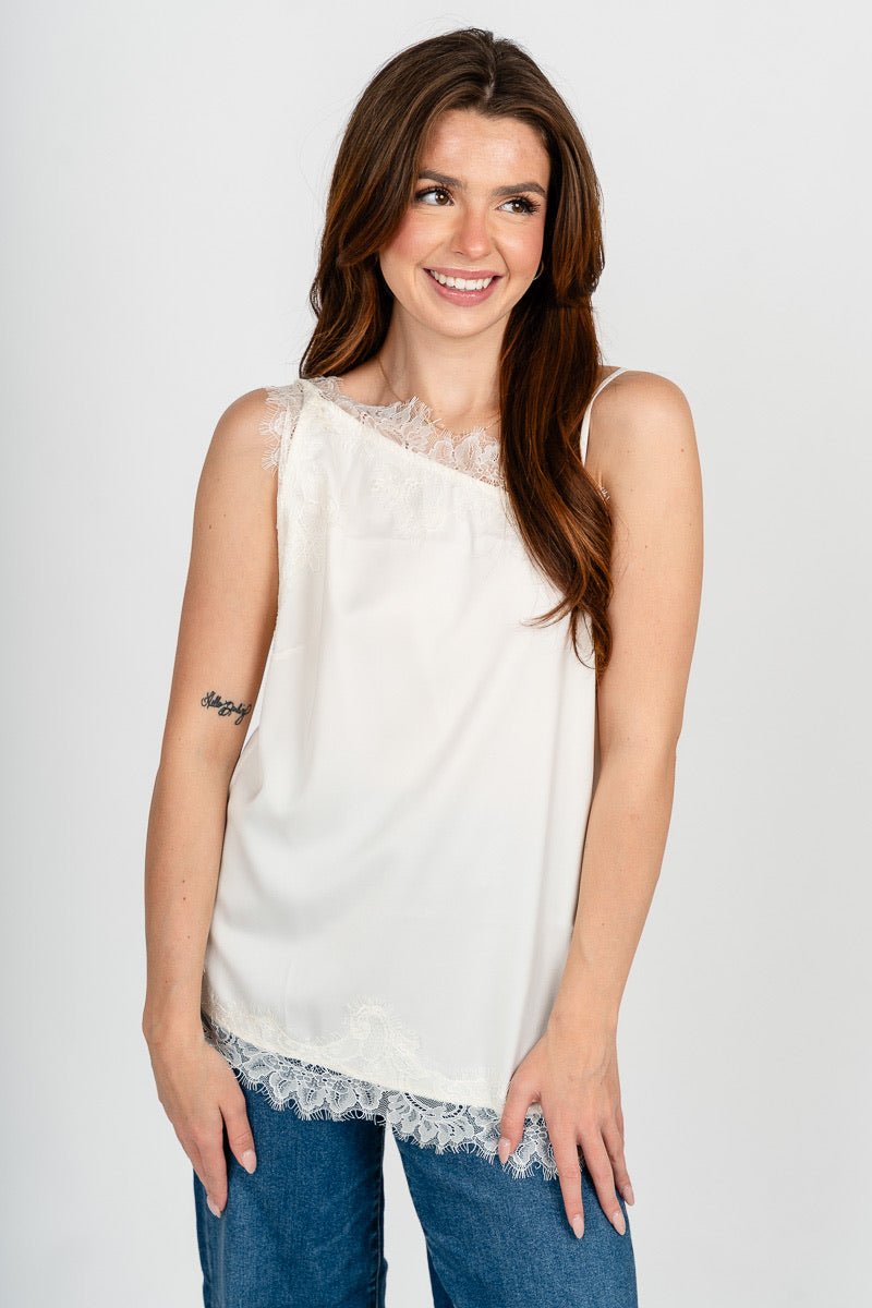 Lace trim one shoulder tank top cream - Cute tank top - Trendy Tank Tops at Lush Fashion Lounge Boutique in Oklahoma City
