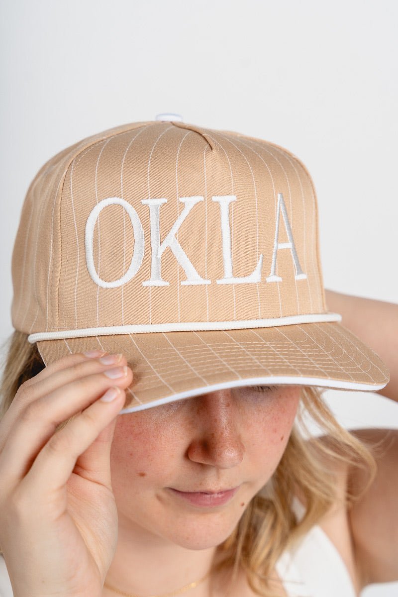 OKLA pinstripe hat khaki/white - Trendy Hats at Lush Fashion Lounge Boutique in Oklahoma City