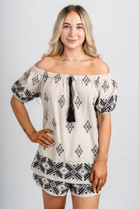 Off shoulder embroidered top natural/black - Trendy top - Cute Vacation Collection at Lush Fashion Lounge Boutique in Oklahoma City