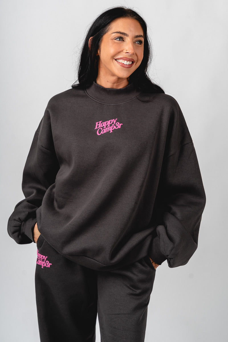 Happy Camper puff mock neck sweatshirt charcoal