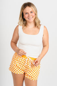 Drawstring checkered shorts orange/white - Trendy Shorts - Fashion Shorts at Lush Fashion Lounge Boutique in Oklahoma City