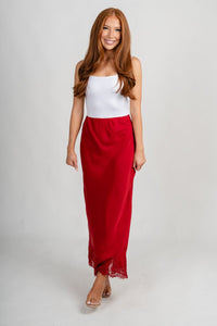 Satin lace trim maxi skirt crimson | Lush Fashion Lounge: boutique fashion skirts, affordable boutique skirts, cute affordable skirts