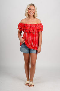 Off shoulder polka dot ruffle top red - Fun top - Unique American Summer Ideas at Lush Fashion Lounge Boutique in Oklahoma