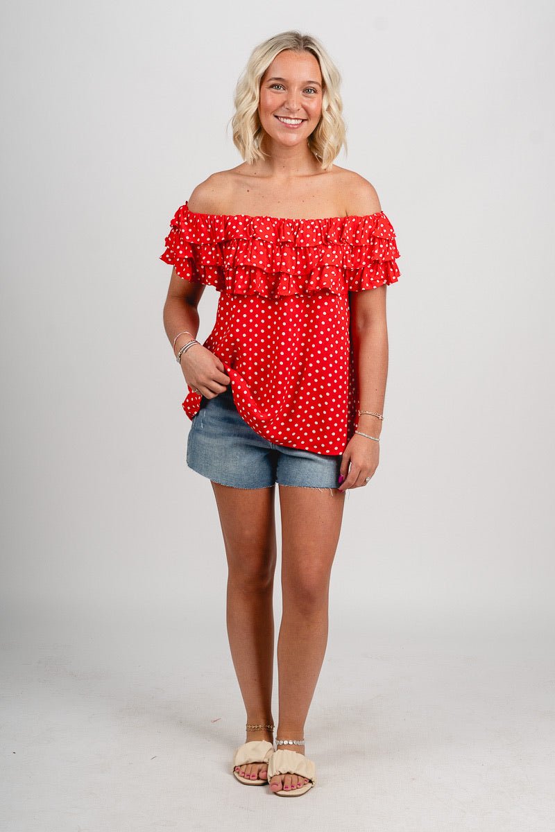 Off shoulder polka dot ruffle top red - Fun top - Unique American Summer Ideas at Lush Fashion Lounge Boutique in Oklahoma