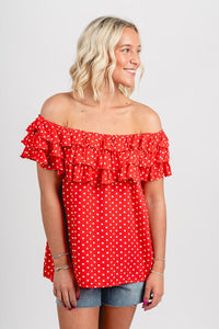 Off shoulder polka dot ruffle top red - Adorable top - Stylish Patriotic Summer Graphic Tees at Lush Fashion Lounge Boutique in OKC