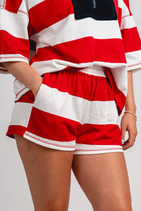 Striped sweat shorts red/white - Trendy shorts - Cute American Summer Collection at Lush Fashion Lounge Boutique in Oklahoma City