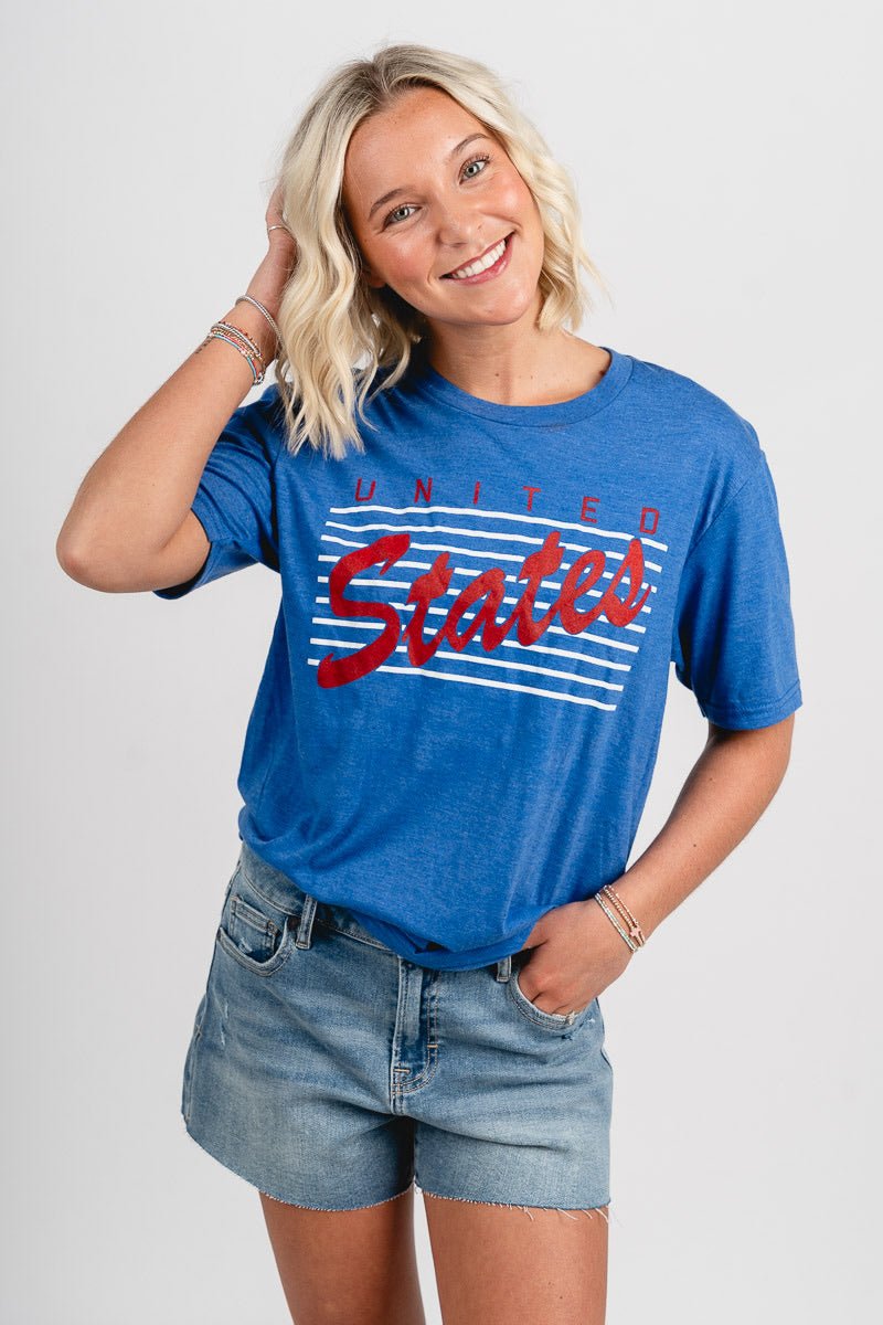 USA bars unisex crew neck t-shirt royal - Trendy T-shirt - Cute American Summer Collection at Lush Fashion Lounge Boutique in Oklahoma City