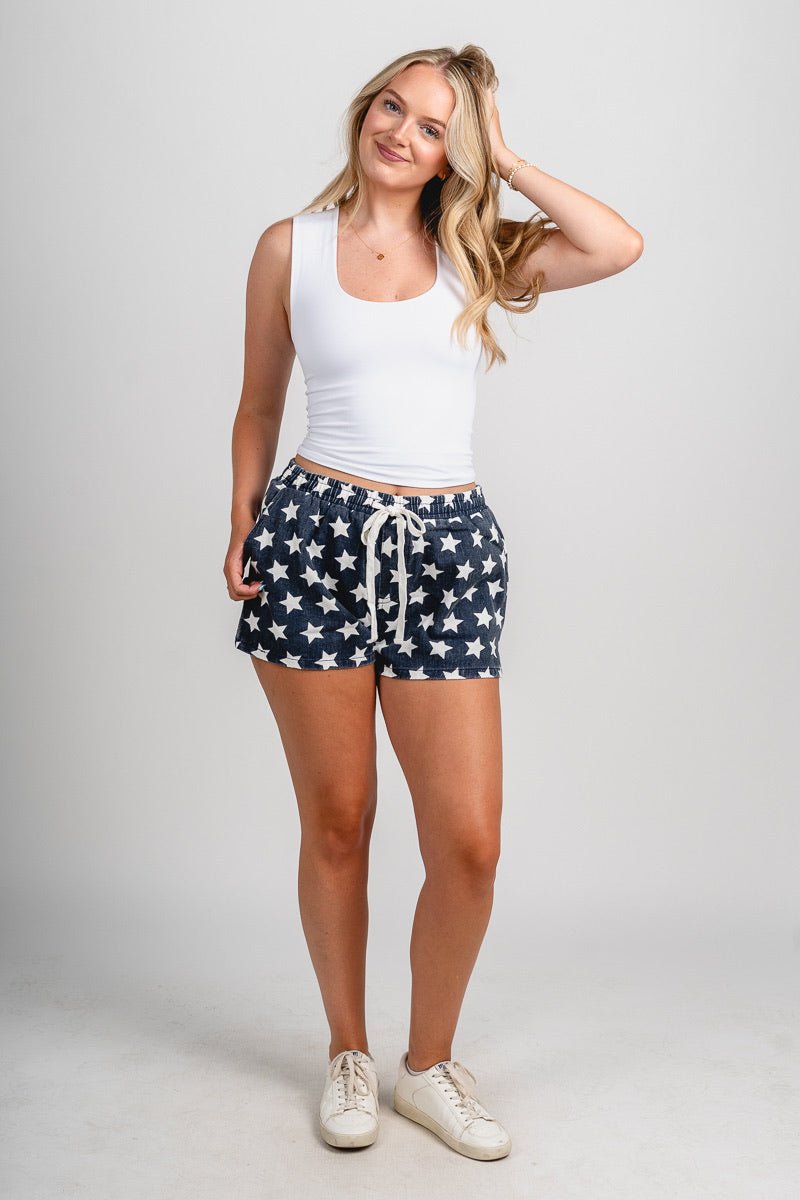 Drawstring star shorts navy/white - Adorable Shorts - Stylish Patriotic Summer Graphic Tees at Lush Fashion Lounge Boutique in OKC