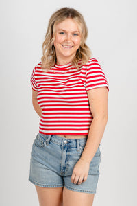 Striped crop tee red/white - Trendy Top - Cute American Summer Collection at Lush Fashion Lounge Boutique in Oklahoma City