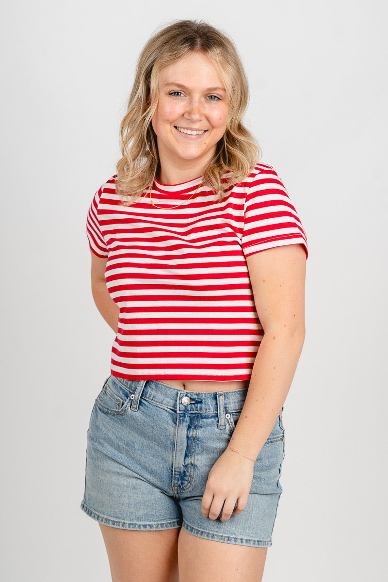 Striped crop tee red/white - Trendy Top - Cute American Summer Collection at Lush Fashion Lounge Boutique in Oklahoma City
