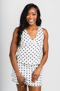 Satin polka dot tank top white - Cute Tank Top - Trendy Tank Tops at Lush Fashion Lounge Boutique in Oklahoma City