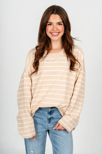 Striped oversized sweater oatmeal – Boutique Sweaters | Fashionable Sweaters at Lush Fashion Lounge Boutique in Oklahoma City