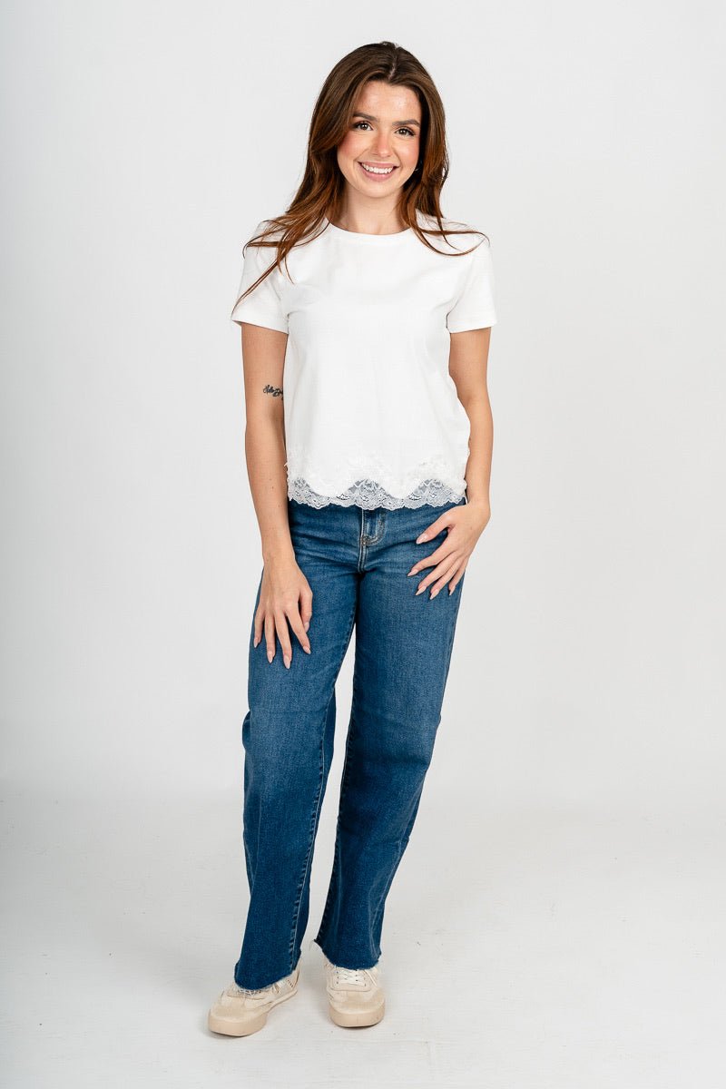 Lace trim short sleeve t-shirt off white