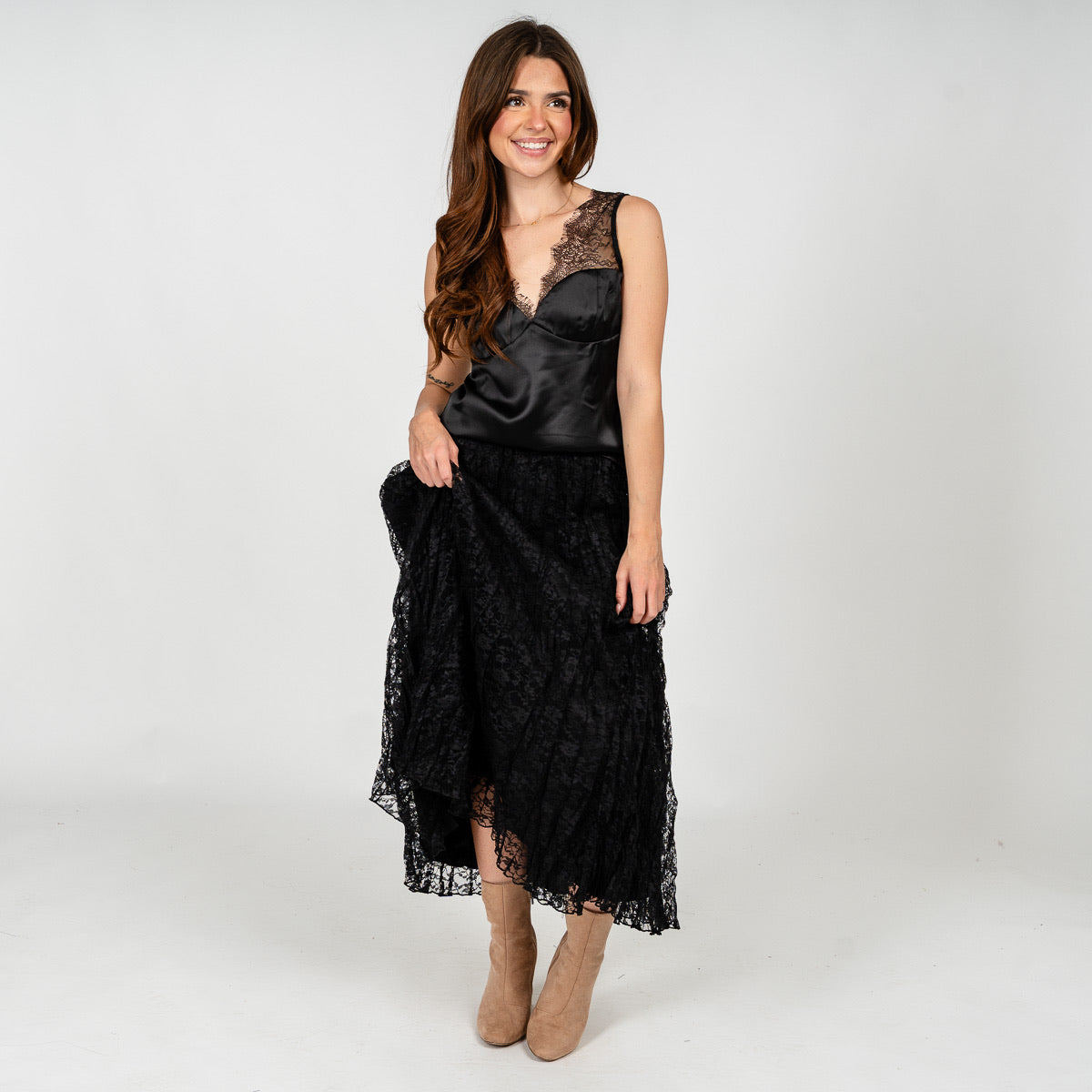 Lace midi skirt black | Lush Fashion Lounge: boutique fashion skirts, affordable boutique skirts, cute affordable skirts