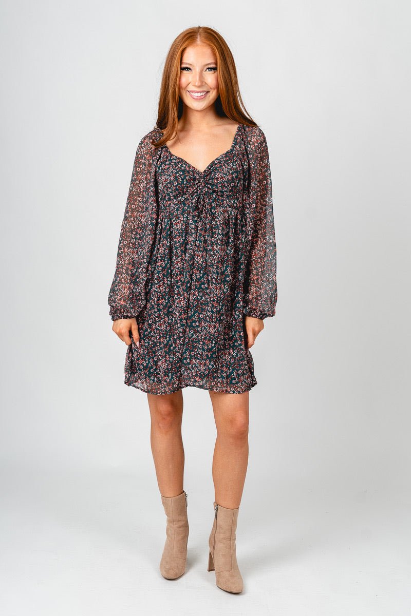 Floral babydoll dress dark green