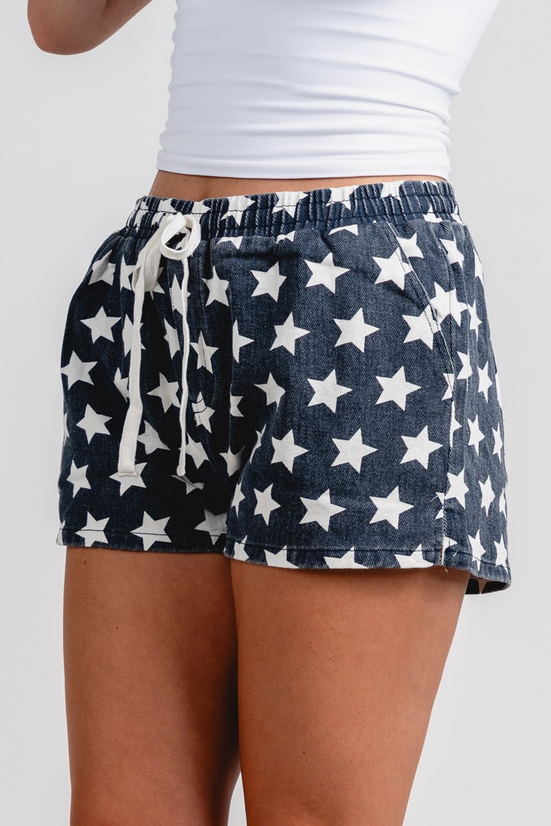 Drawstring star shorts navy/white - Trendy Shorts - Cute American Summer Collection at Lush Fashion Lounge Boutique in Oklahoma City