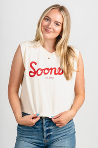 OU OU Sooners bold script muscle tank top off white tank top | Lush Fashion Lounge Trendy Oklahoma University Sooners Apparel & Cute Gameday T-Shirts