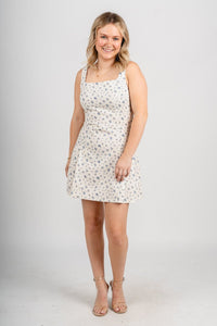 Sleeveless floral mini dress cream/blue Stylish dress - Womens Fashion Dresses at Lush Fashion Lounge Boutique in Oklahoma City