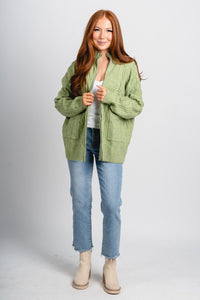 Zip front cable knit cardigan olive - Trendy Cardigan - Fashion Cardigans & Cute Kimonos at Lush Fashion Lounge Boutique in Oklahoma City