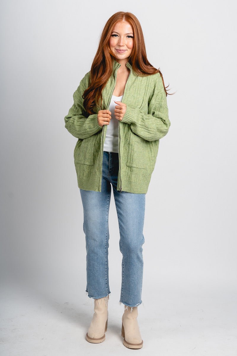 Zip front cable knit cardigan olive - Trendy Cardigan - Fashion Cardigans & Cute Kimonos at Lush Fashion Lounge Boutique in Oklahoma City
