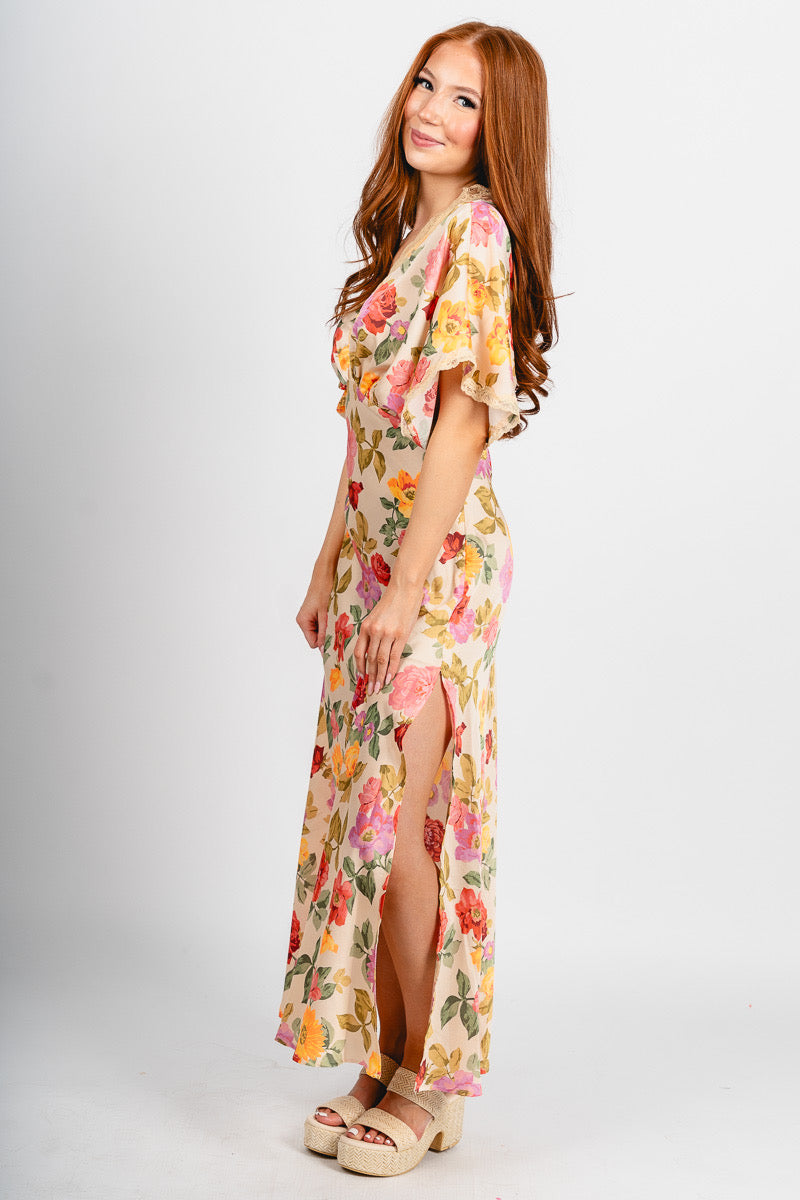 Floral lace trim maxi dress romantic garden - Stylish dress - Trendy Staycation Outfits at Lush Fashion Lounge Boutique in Oklahoma City