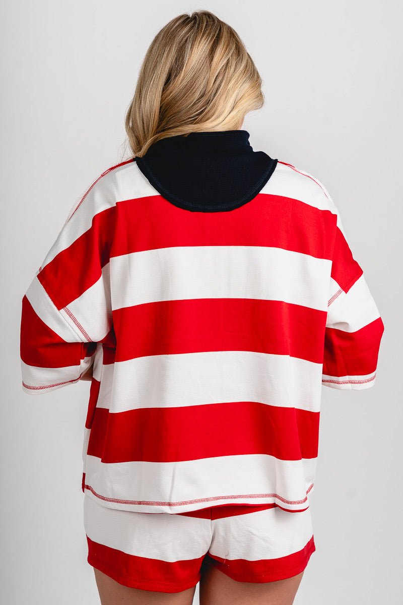 Striped half zip pullover red/navy - Adorable Sweatshirt - Stylish Patriotic Summer Graphic Tees at Lush Fashion Lounge Boutique in OKC