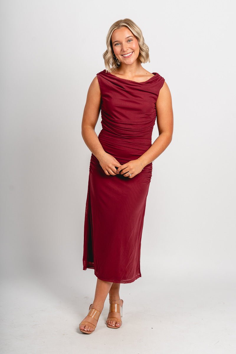 Off shoulder mesh midi dress dark rose - Trendy Holiday Apparel at Lush Fashion Lounge Boutique in Oklahoma City