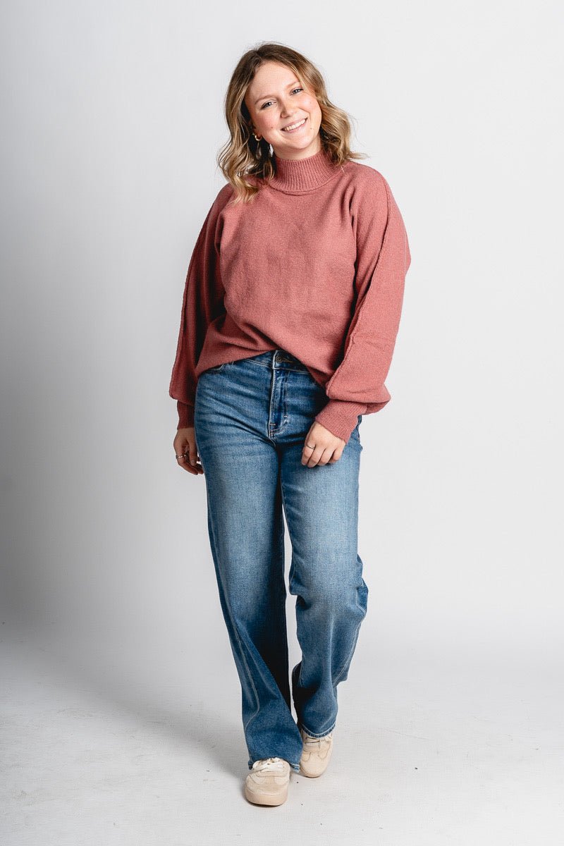 Mock neck balloon sleeve sweater rosewood – Unique Sweaters | Lounging Sweaters and Womens Fashion Sweaters at Lush Fashion Lounge Boutique in Oklahoma City