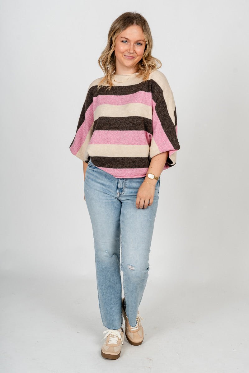 Striped dolman sweater coffee/pink – Unique Sweaters | Lounging Sweaters and Womens Fashion Sweaters at Lush Fashion Lounge Boutique in Oklahoma City