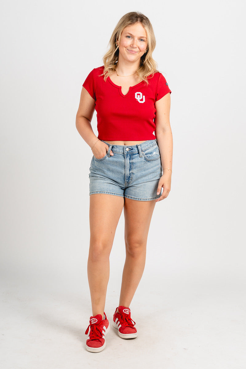 OU OU Sooners Cali baby tee cardinal T-shirt | Lush Fashion Lounge Trendy Oklahoma University Sooners Apparel & Cute Gameday T-Shirts