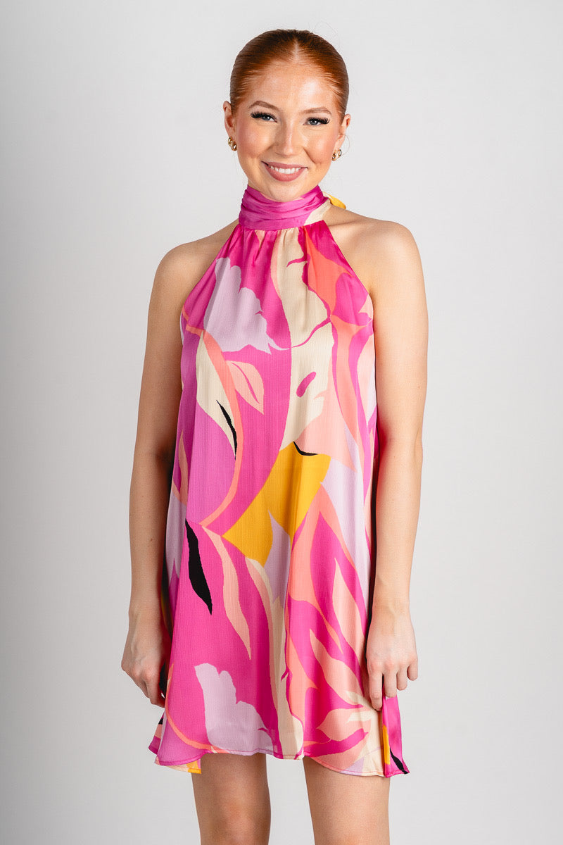 Abstract halter mini dress pink multi - Affordable dress - Boutique Dresses at Lush Fashion Lounge Boutique in Oklahoma City