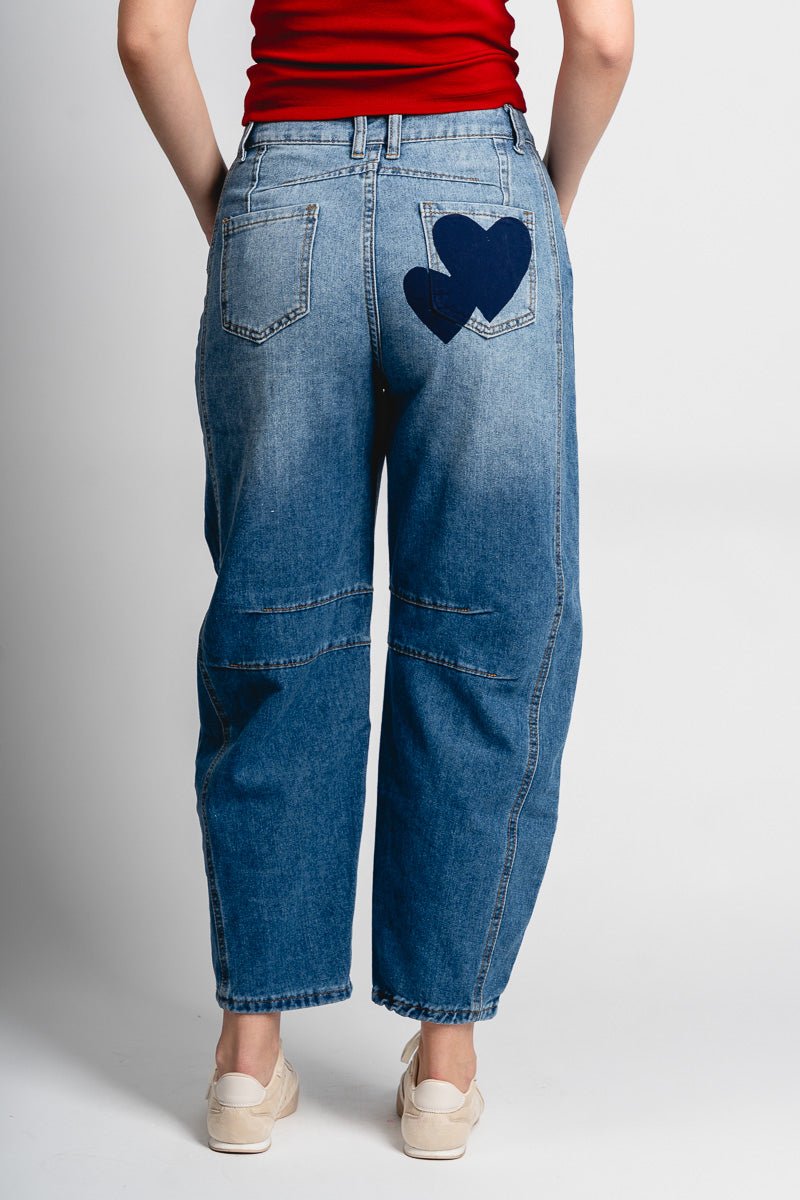 Heart patch barrel jeans blue - Cute Valentine's Day Outfits at Lush Fashion Lounge Boutique in Oklahoma City