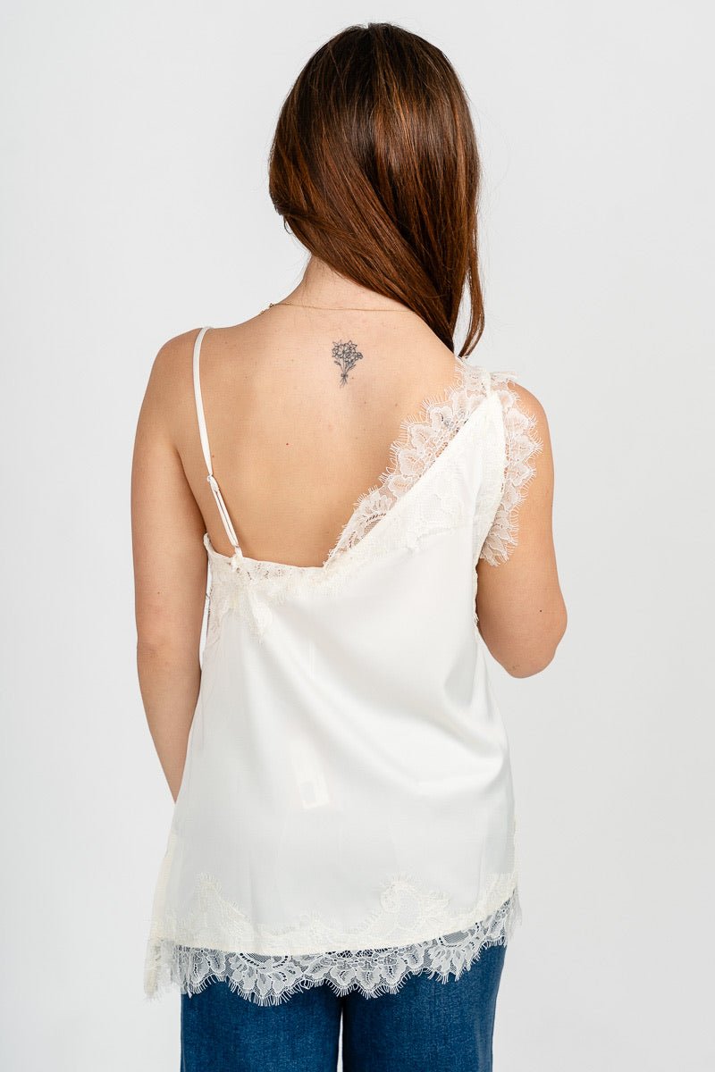 Lace trim one shoulder tank top cream