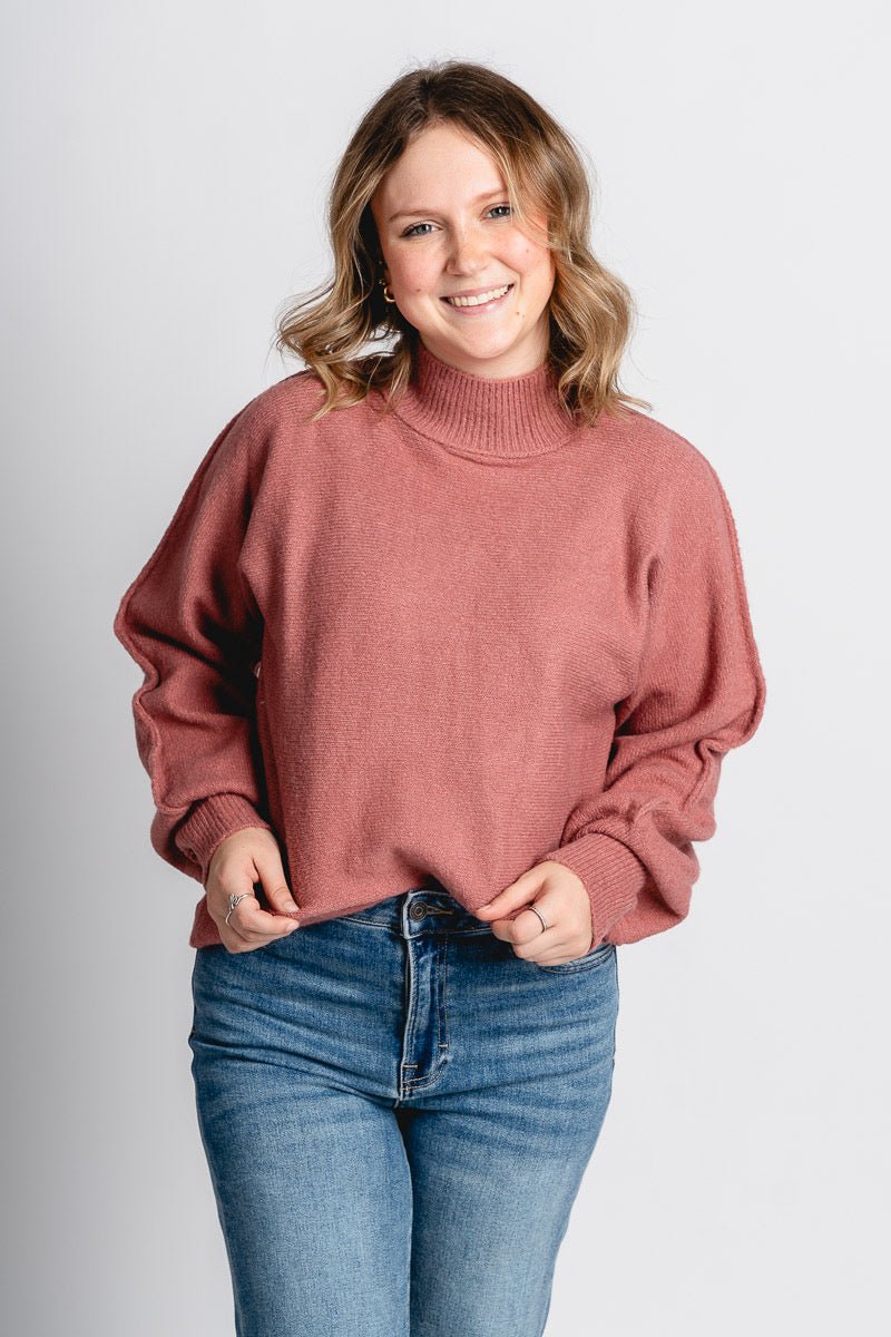 Mock neck balloon sleeve sweater rosewood – Boutique Sweaters | Fashionable Sweaters at Lush Fashion Lounge Boutique in Oklahoma City
