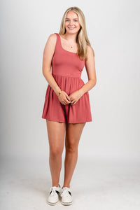 Sleeveless knit romper marsala - Trendy Romper - Fashion Rompers & Pantsuits at Lush Fashion Lounge Boutique in Oklahoma City