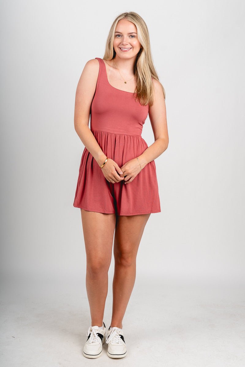Sleeveless knit romper marsala - Trendy Romper - Fashion Rompers & Pantsuits at Lush Fashion Lounge Boutique in Oklahoma City