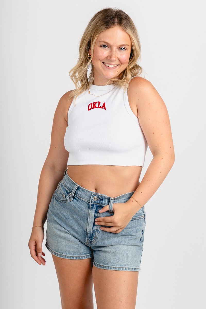 OU OU OKLA ribbed micro tank top white tank top | Lush Fashion Lounge Trendy Oklahoma University Sooners Apparel & Cute Gameday T-Shirts