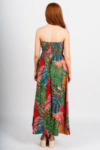 Strapless tropical maxi dress calypso coral - Affordable dress - Boutique Dresses at Lush Fashion Lounge Boutique in Oklahoma City